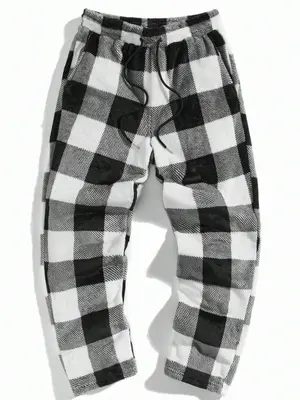 Men's Plaid Print Drawstring Waist Flannel Sweatpants, Regular Fit Casual Comfy Pocket Straight Leg Trousers for Fall & Winte...