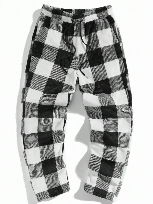 Men's Plaid Print Drawstring Waist Flannel Sweatpants, Regular Fit Casual Comfy Pocket Straight Leg Trousers for Fall & Winte...
