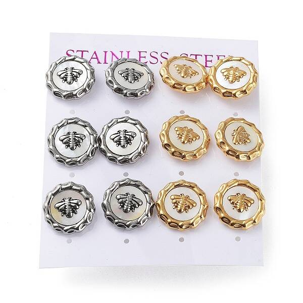 6 Pair 2 Color Bee Natural Shell Stud Earrings