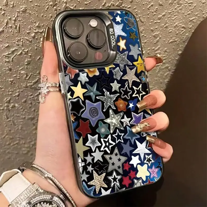 Star Pattern Matte Phone Case, Anti-drop Decorative Phone Protector Cover, Phone Accessories Compatible with iPhone 16 15 14 ...