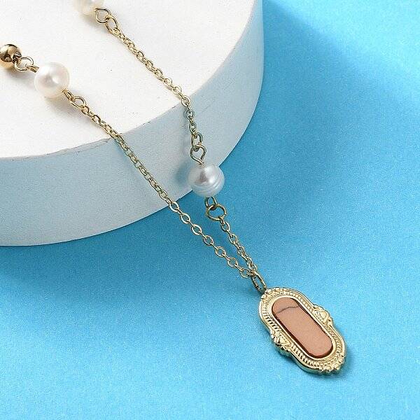 304 Stainless Steel & Natural Pearl & Synthetic Turquoise Oval Pendant Necklaces for Women