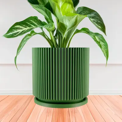 Mid-Century Ribbed Planter with Drainage and Drip Tray, Multiple Sizes and Colors