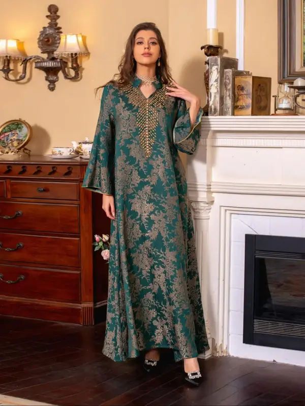 Women's Ethnic Pattern Embroidery Beads Decor Abaya, Chic Modest Fashion Long Sleeve Open Front Abaya for Daily Wear, Women'...