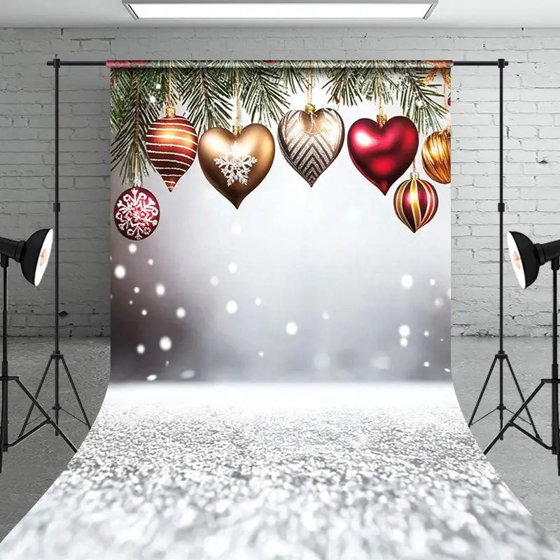 White Snowy Heart Bells Pine Leaf Christmas Backdrop - Aperturee