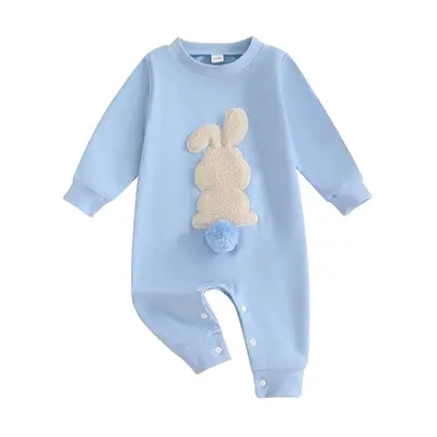 Baby Girl Boy Easter Outfit Bunny Embroidery Long Sleeve Crewneck Romper Bodysuit Infant Easter Clothes