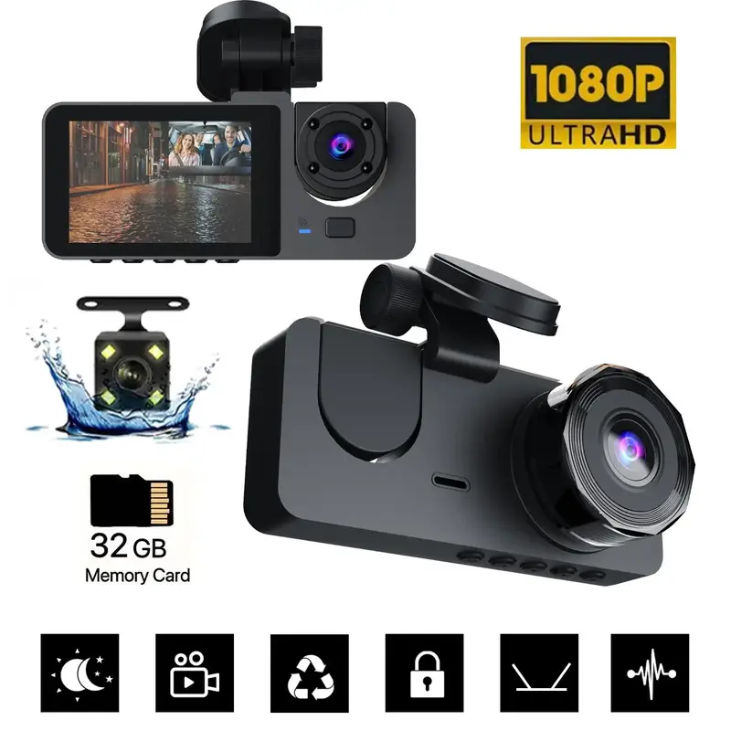 1080P 3 Cameras HD Car DVR, Night Vision Video Surveillance for Car, Vehicle, Auto, Automotive, Motorcycle, Car Dashcam, ...