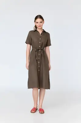 Charlotte - short sleeve linen midi shirt dress | Size: L | Color: Crimson