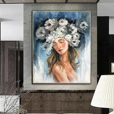 Flower Head Painting Figurative Wall Art Abstract Portrait Painting Girl with Flowers Art Blue Artwork Sexy Woman in Bloom Pa...