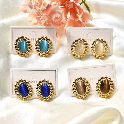 304 Stainless Steel Glass Oval Stud Earrings