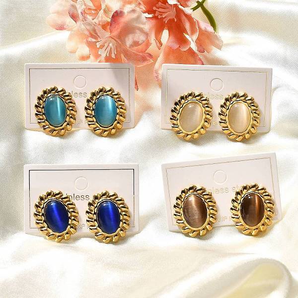304 Stainless Steel Glass Oval Stud Earrings