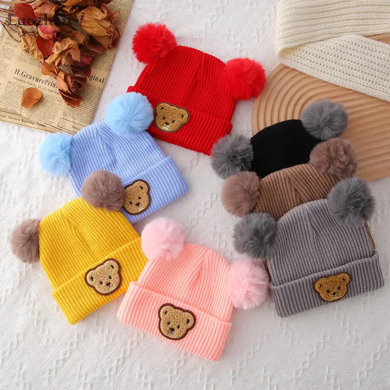 Baby Winter HatCute Bear PatternSoft Knit Brimless BeanieHatWarm HatFor InfantsNewbornsCold Weather AccessoriesMultiple Color...