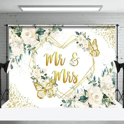 Pure White Floral Gold Butterfly Wedding Backdrop - Aperturee