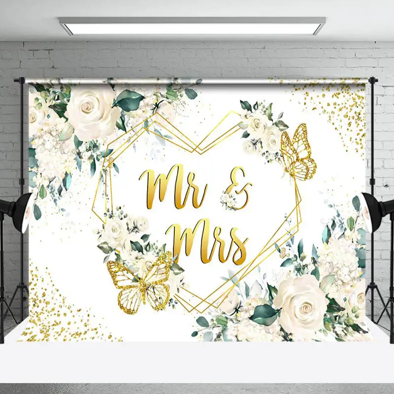 Pure White Floral Gold Butterfly Wedding Backdrop - Aperturee