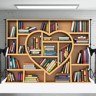 Heart Shaped Bookshelf Books World Book Day Backdrop - Aperturee
