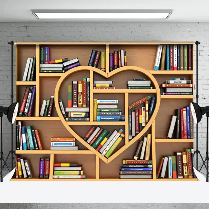 Heart Shaped Bookshelf Books World Book Day Backdrop - Aperturee