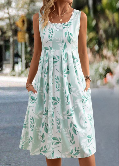 Modlily Light Green Leaf Print Sleeveless Square Neck Dress - M