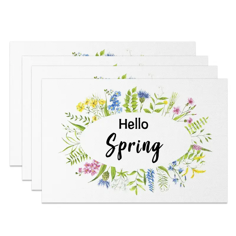 Aperturee Colorful Floral Plant Hello Spring Set Of 4 Placemats, 14x12 Inch, 15.8 USD, NYJY00360-S, placemats