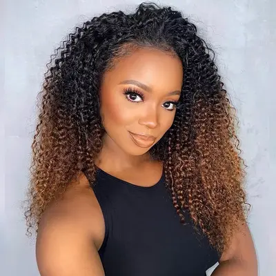 Black Brown Ombre Kinky Curly Half Wig With Drawstring Glueless Wear Go 3 in 1 Wig Beginner Friendly