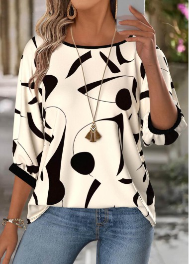 Modlily Beige Geometric Print 3/4 Sleeve Round Neck Blouse - XXL