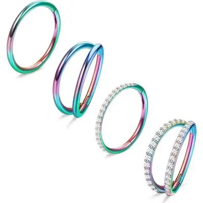 FLORIDECO 3-4PCS Surgical Steel 18G Nose Rings Hoops Earrings Tragus Septum Piercing CZ Clicker Septum Ring Hinged Segment Se...