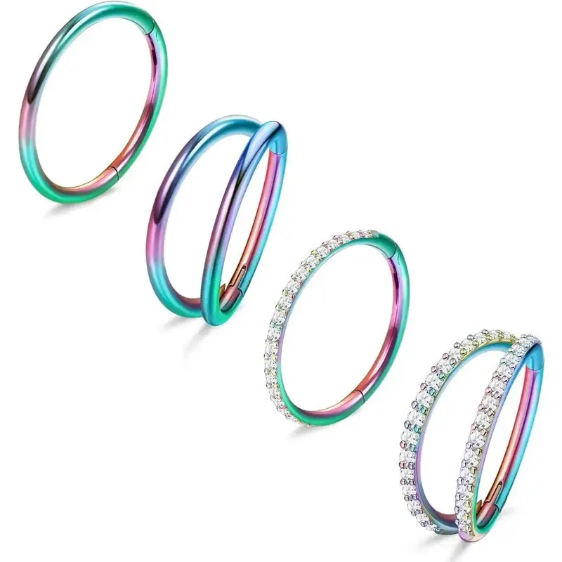FLORIDECO 3-4PCS Surgical Steel 18G Nose Rings Hoops Earrings Tragus Septum Piercing CZ Clicker Septum Ring Hinged Segment Se...