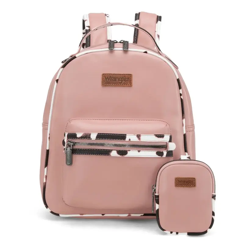 Wrangler Cow Print Decorated Zippered Backpack-Wrangler Women’s Fashion Backpack – Cow Print Decorated Faux Leather Zippe...