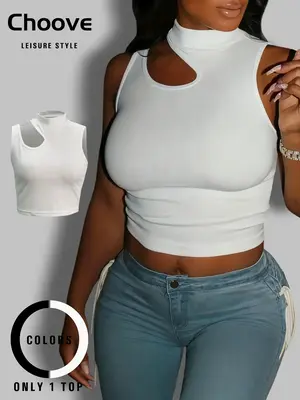 Women's Plain Cut Out Mock Neck Crop Tank Top, Casual Comfort Basic Minimalist Sleeveless Cropped Top for Summer, Lady's Top ...