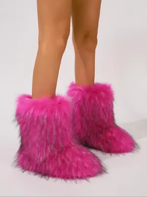 Fur Boots for Women, Fashionable Colorblock & Plain Slip on Boots, Casual Comfortable Warm Mid-calf Boots for Fall & Winter, ...