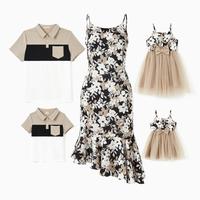 PatPat Family Matching Sets Color Block Shirt or Floral Body-con Asymmetrical Hem/Tulle Strap Dress Spingtok