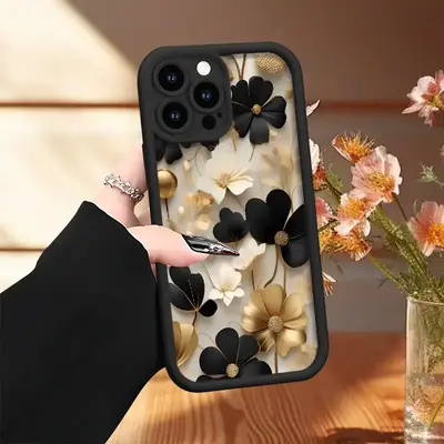 Simple Soft Phone Case with Black And Golden Flowers Pattern UV Printing Matte Phone Cover, 360 Degree Full Protection for Ap...