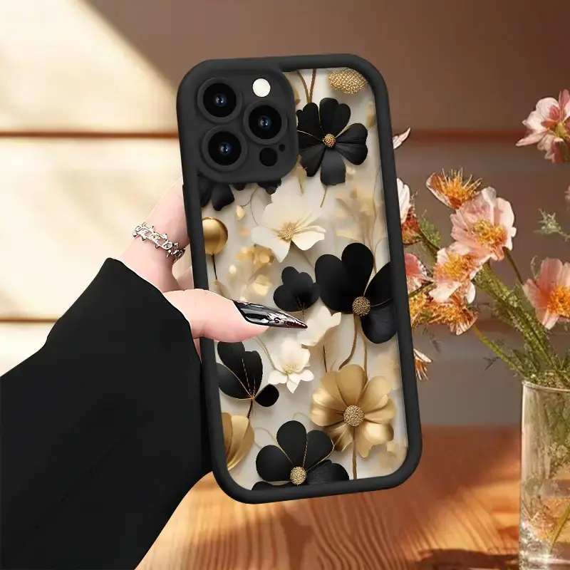 Simple Soft Phone Case with Black And Golden Flowers Pattern UV Printing Matte Phone Cover, 360 Degree Full Protection for Ap...