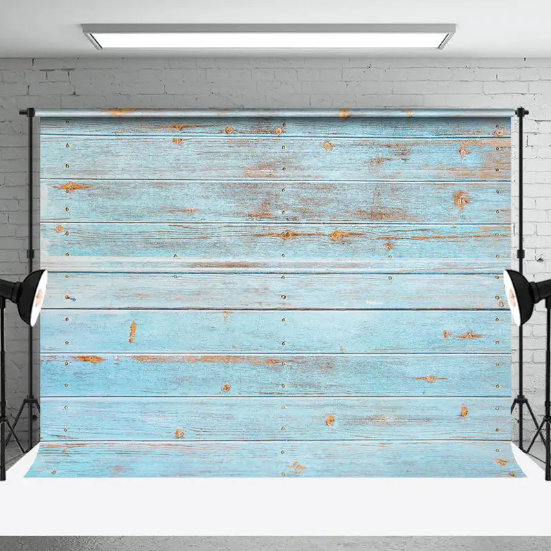 Retro Faded Blue Horizontal Stripe Wood Backdrop