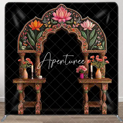 Aperturee Indian Retro Floral Arch Square Double-Sided Backdrop, 6X6FT(1.8X1.8M), 111 USD, square double-sided backdrops, DSY...