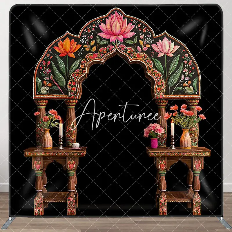 Aperturee Indian Retro Floral Arch Square Double-Sided Backdrop, 6X6FT(1.8X1.8M), 111 USD, square double-sided backdrops, DSY...