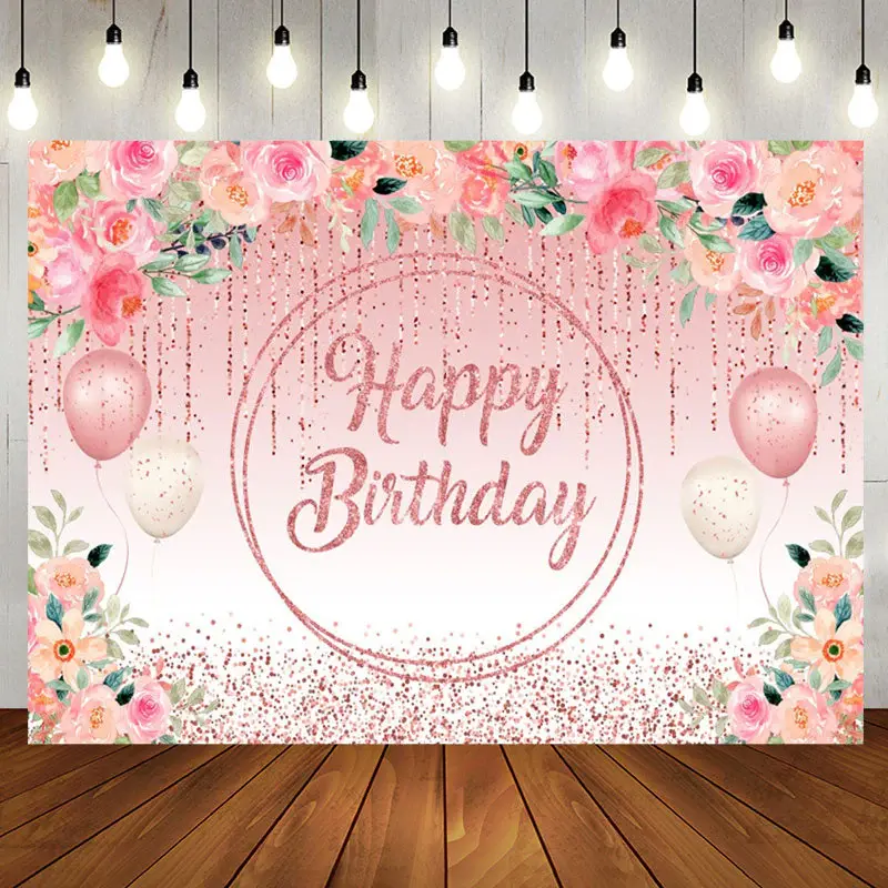 Pink Floral Glitter Tassels Leaves Birthday Backdrop - Aperturee