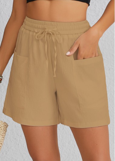 Modlily Light Camel Pocket Elastic Waist High Waisted Shorts - 2XL