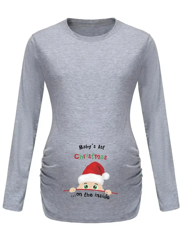 Women's Christmas Themed Graphic Print Round Neck Tee, Casual Long Sleeve Crew Neck T-shirt for Daily Wear, Maternity Clothes...
