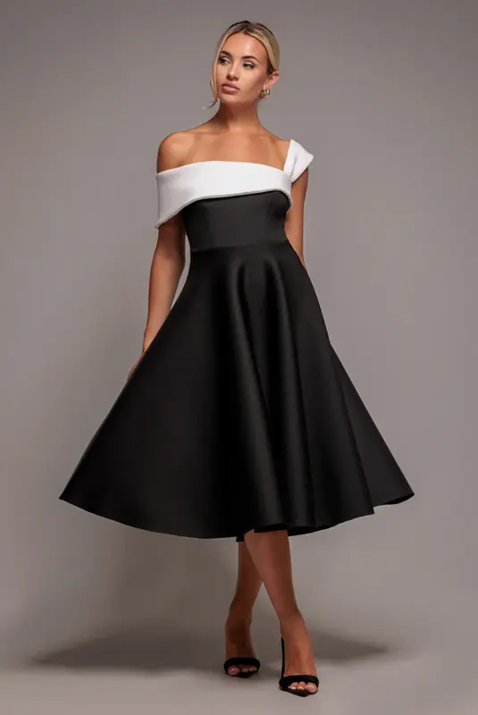 Goddiva One Shoulder A Line Midi Dress - Black Cream