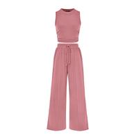 PrettyGarden Women's Summer 2-Piece Outfits Ribbed Knit Lounge Sets Tracksuit Sleeveless Crop Tank Tops Wide Leg Casual Pants