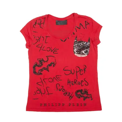 PHILLIP PLEIN X DC Comics Batman T-Shirt Red Short Sleeve Womens M