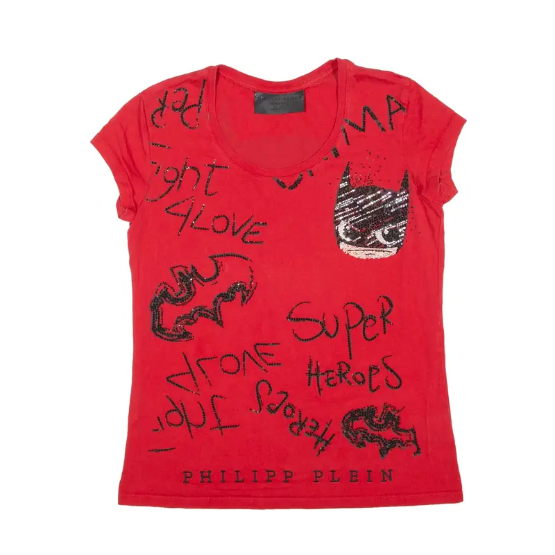 PHILLIP PLEIN X DC Comics Batman T-Shirt Red Short Sleeve Womens M
