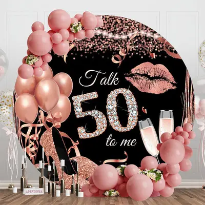 Rose Gold Balloon Heel Round 50th Birthday Backdrop - Aperturee
