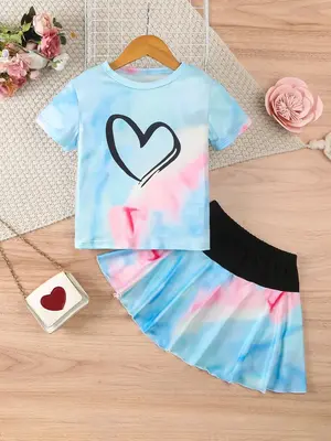 Girl's Tie Dye Print Short Sleeve Tee & Skirt Two-Piece Set, Casual Round Neck T-shirt & Skirt for Summer, Kids Clothes for D...