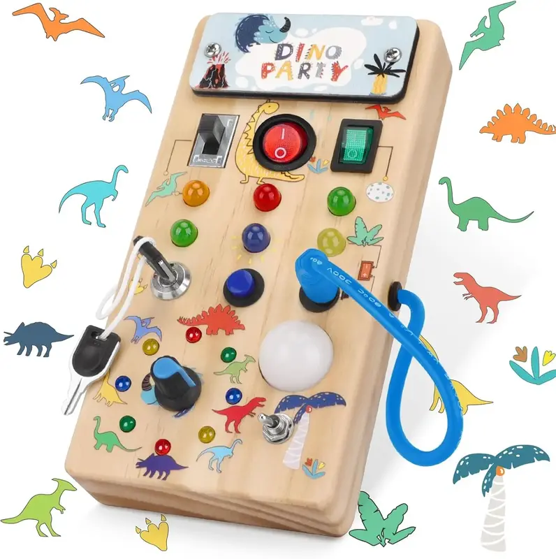 Toddlers Dinosaur Busy Board with 8 LED Light Switches for Montessori Learning and Sensory Play joy busyboards montessori bus...