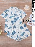 Women's Cartoon Turtle & Lobster & Shell Print Top & Elastic Waist Shorts Pajama, Casual Comfy Shortsleeve Top & Shorts Pj Se...