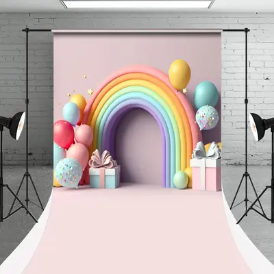 Rainbow Balloons Gifts Sweep Cake Smash Backdrop - Aperturee