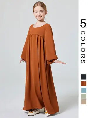 Muslim Girl's Solid Ruched Bishop Sleeve Smock Dress without Hijab, Abaya Dress, Modest Outfits, Cute Casual Round Neck Long...