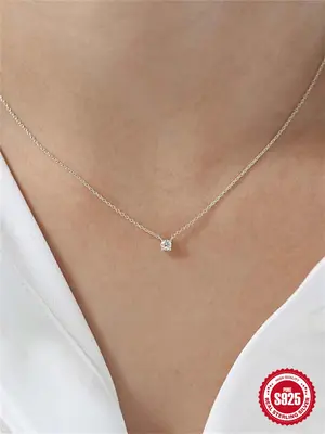 925 Sterling Silver Simple 3mm Artificial Zircon Decor Pendant Necklace, Fashion Jewelry for Party, Daily Decor for Girl, Tre...