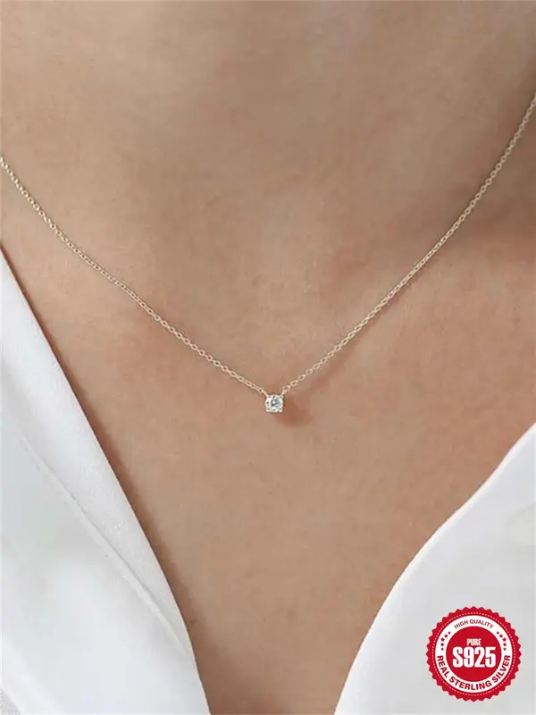 925 Sterling Silver Simple 3mm Artificial Zircon Decor Pendant Necklace, Fashion Jewelry for Party, Daily Decor for Girl, Tre...