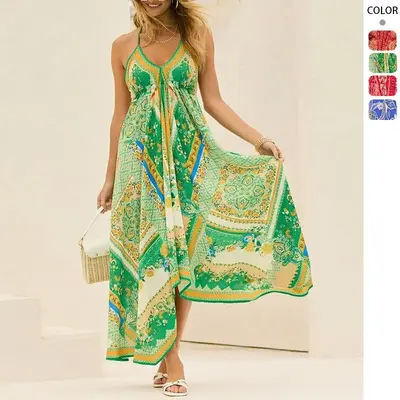 2025 Spring Summer Off-Shoulder V-Neck Dress for Women | Fairy-Style Printed Maxi Dress with Slings & Flowy Big Swing Skirt W...